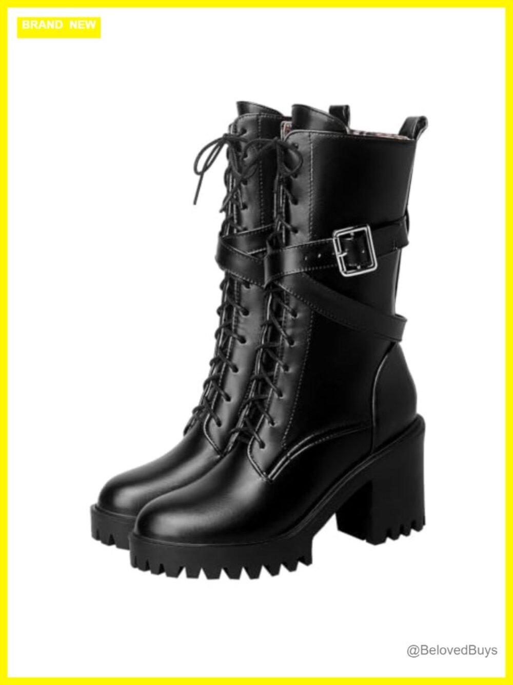Parisuit Women's Chunky Lace Up Mid Calf Boots Goth Platform Combat Boots